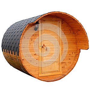 Mobile bath in the form of a barrel covered with wood