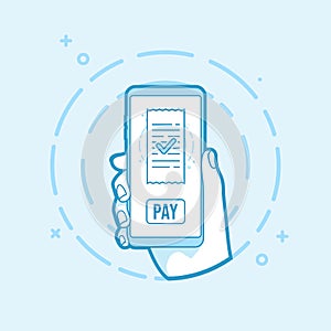 Mobile bill payment concept. Pay bills online. Hand holding smartphone icon in line style.