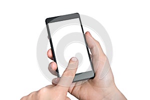 Mobile with blank white touch screen in hands of woman