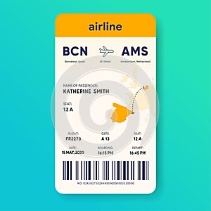 Mobile boarding pass. Vertical aircraft e-ticket. Flight ticket template. Passenger document mockup. Travel pass with photo