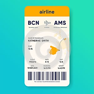 Mobile boarding pass. Vertical aircraft e-ticket. Flight ticket template. Passenger document mockup. Travel pass with