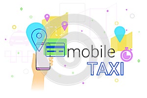 Mobile booking taxi cab on smartphone concept illustration