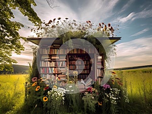 Mobile bookstore decorated with flowers at sunset