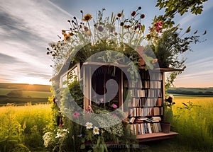 Mobile bookstore decorated with flowers at sunset