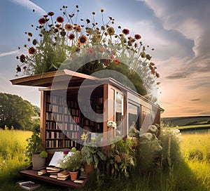 Mobile bookstore decorated with flowers at sunset
