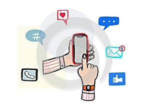 Mobile business marketing media online connectionconcept. People using smartphone with device Mockup with icons.