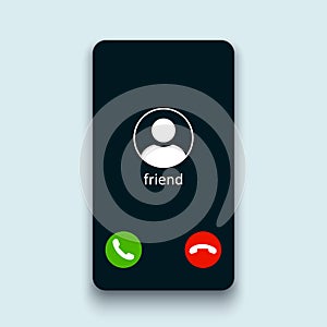 Mobile call screen template. Call screen smartphone interface mockup. Phone mockup contact with handset icon, flat person icon