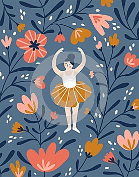 Card with hand drawn ballerina in the floral frame. Cute dancing girl isolated on the floral background. Vector illustration