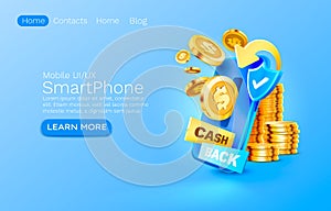 Mobile cash back service, financial payment Smartphone mobile screen, technology mobile display light. Vector