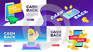 Mobile cashback banner. Golden coins spend back, buying with cashback and reward to wallet vector illustration set