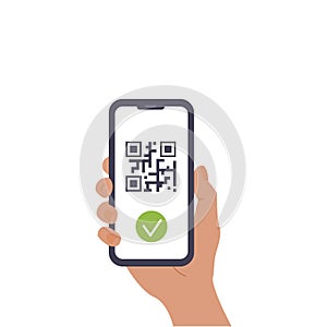 Mobile Cashless Payment system or Scan Qr Code and approval sign vector flat illustration. A hand holding mobile phone