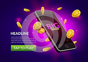 Mobile casino slot game. Flying phone marketing background for casino jackpot slots machine