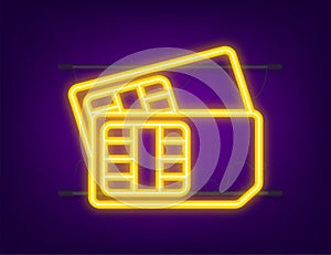 Mobile Cellular Phone Sim Card Chip. Neon icon. Vector stock illustration