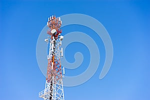 Mobile (cellular) tower antennas with blue sky background.