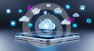 Mobile Cloud Computing: Smartphone with Digital Network and Data Storage Icons