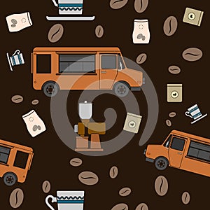 Mobile Coffee Shop Vector Illustration With Dark Background Seamless Pattern