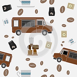 Mobile Coffee Van Shop in Flat Style Vector Illustration Seamless Pattern