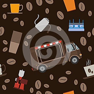 Mobile Coffee Van Vector Illustration With Dark Background Seamless Pattern