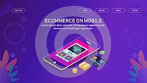 Mobile commerce, ecommerce product showing on mobile phone, online shopping, e-payment via credit card, product delivery.