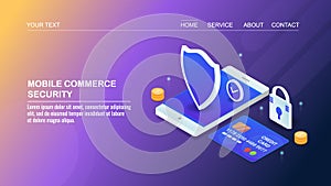 Mobile commerce, mobile security, data protection, secure payment via smart phone, cyber security, isometric design concept.