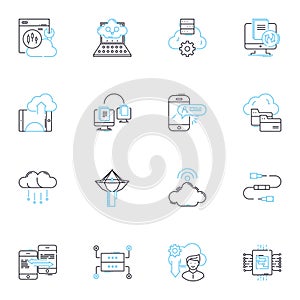 Mobile communication linear icons set. Smartph, Texting, Messaging, Wireless, Cellular, Roaming, Data line vector and