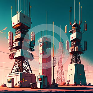 Mobile communication tower on the background of blue sky. 3d rendering