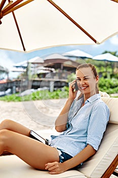 Mobile Communication. Woman Calling On Phone. Summer Beach. Freelance