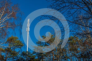 Mobile communications antenna tower in a forest