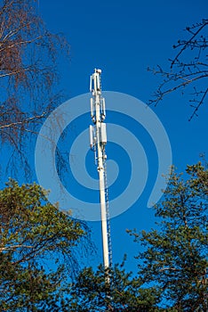 Mobile communications antenna tower in a forest