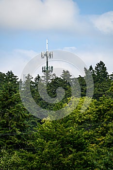 Mobile communications tower with antennas on top, showing above a forest tree line, sky and clouds in the background