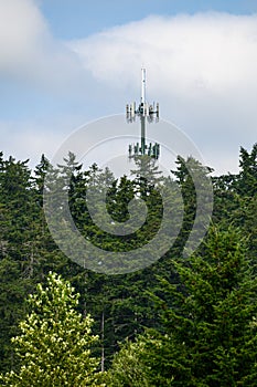 Mobile communications tower with antennas on top, showing above a forest tree line, sky and clouds in the background