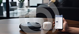 Mobile connect with security camera. Smart home technology concept