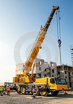 A mobile construction crane is positioned on a construction site with a backdrop of