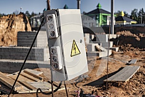 Mobile construction site power panel. Supply of electricity during construction. Electrical construction tool connection board
