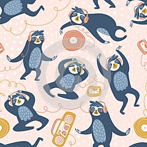 Cool sloths at the party, listening to music, dancing and sleeping. Vector seamless pattern design. Hand drawn cute animals isolat photo