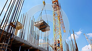Construction cranes lifting heavy load on construction site