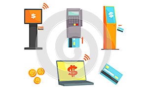 Mobile and Credit Card Payment or Money Transfer via Mobile Device Vector Set