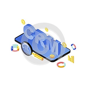 Mobile CRM system app isometric vector illustration. Customer relationship management smartphone application, software. Sales