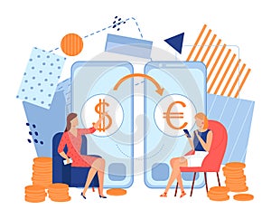 Mobile currency payment, business money transfer and paym vector illustration. Cartoon coin transaction at phone