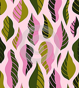 Cute retro set of leaf seamless patterns.  Simple design in pink and green colorways.  Vector repeating design for  fabric