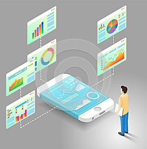 Mobile data analytics vector isometric flowchart