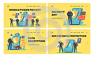 Mobile Data Privacy in Internet Landing Page Template Set. Safeguards Characters with Shepherd Dog at Huge Smartphone