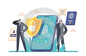 Mobile Data Protection Concept With Safeguard Or Security Characters At Smartphone With Fingerprint, Biometrics