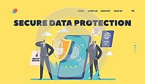 Mobile Data Protection Landing Page Template. Safeguard Characters at Smartphone with Fingerprint, Biometrics