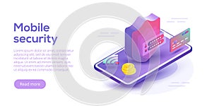 Mobile data security isometric vector illustration. Online payment protection system concept with smartphone and credit card. Sec