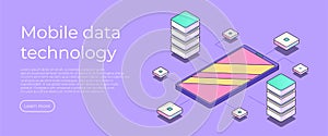 Mobile data technology isometric landing page. Information storage and data analysis system. Digital technology concept. Data