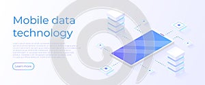 Mobile data techonology concept. Isometric phone with servers. Business analysis