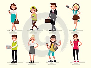 Mobile dependence. People with their gadgets. Vector illustration