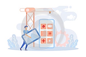 Mobile design and development illustration. Developers prototyping, programming user interface and testing mobile app. UI design