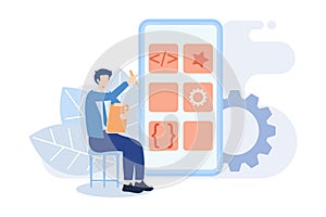 Mobile design and development illustration. Developers prototyping, programming user interface and testing mobile app. UI design